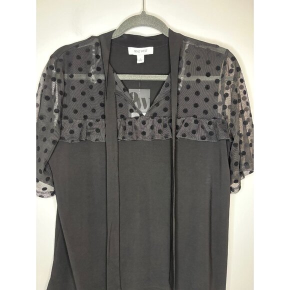 NINE WEST NEW Blouse Womens M Black Polka Dot Sheer Tie Short Slv Flowy - Picture 1 of 8